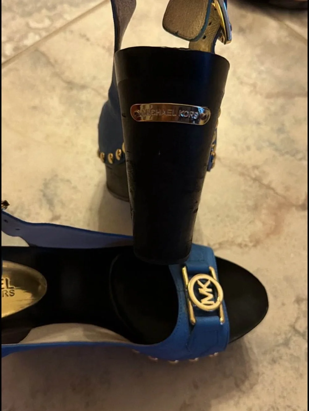 Michael Kors Blue Logo Slingback Wedges with Gold Hardware